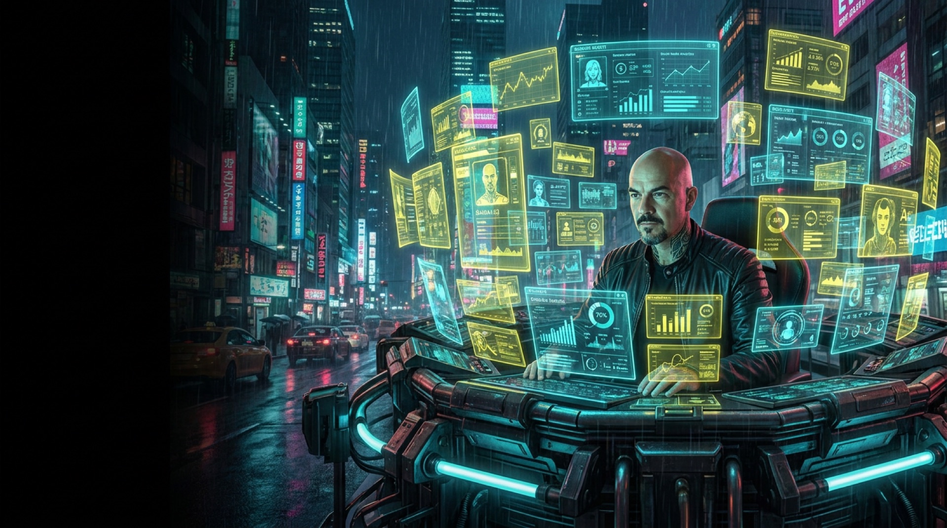 Alexander Gerstl as a solo marketing operator at a cyberpunk console, surrounded by 184 AI agents shown as holographic dashboards