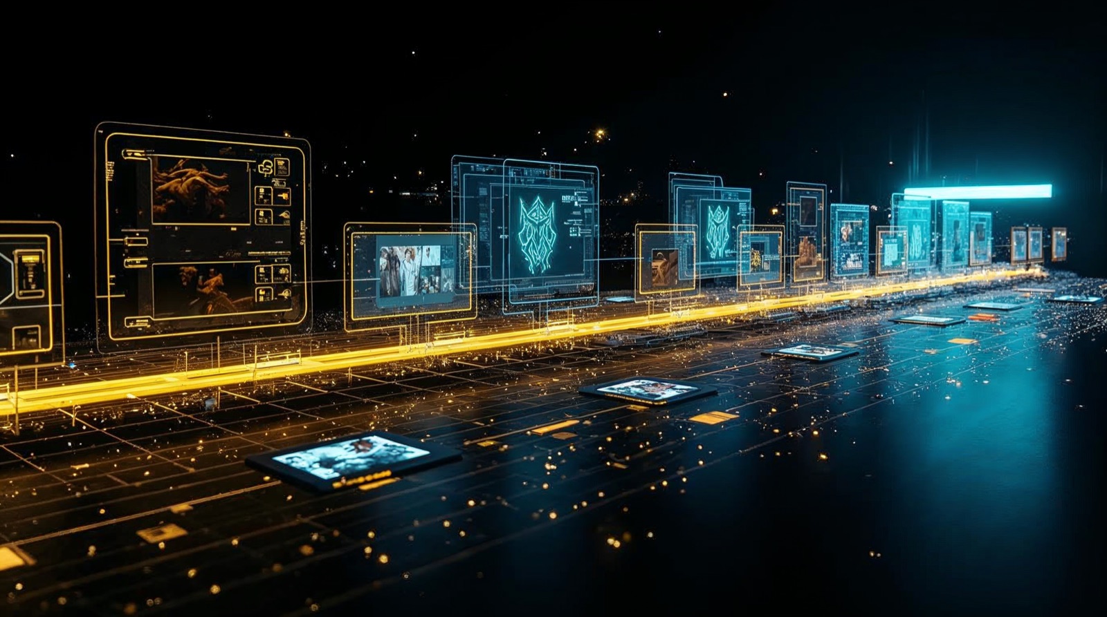 Cyberpunk illustration of an automated AI video pipeline: holographic video panels and film frames flowing along a glowing conveyor through interconnected processing nodes, acid-yellow and cyan on black