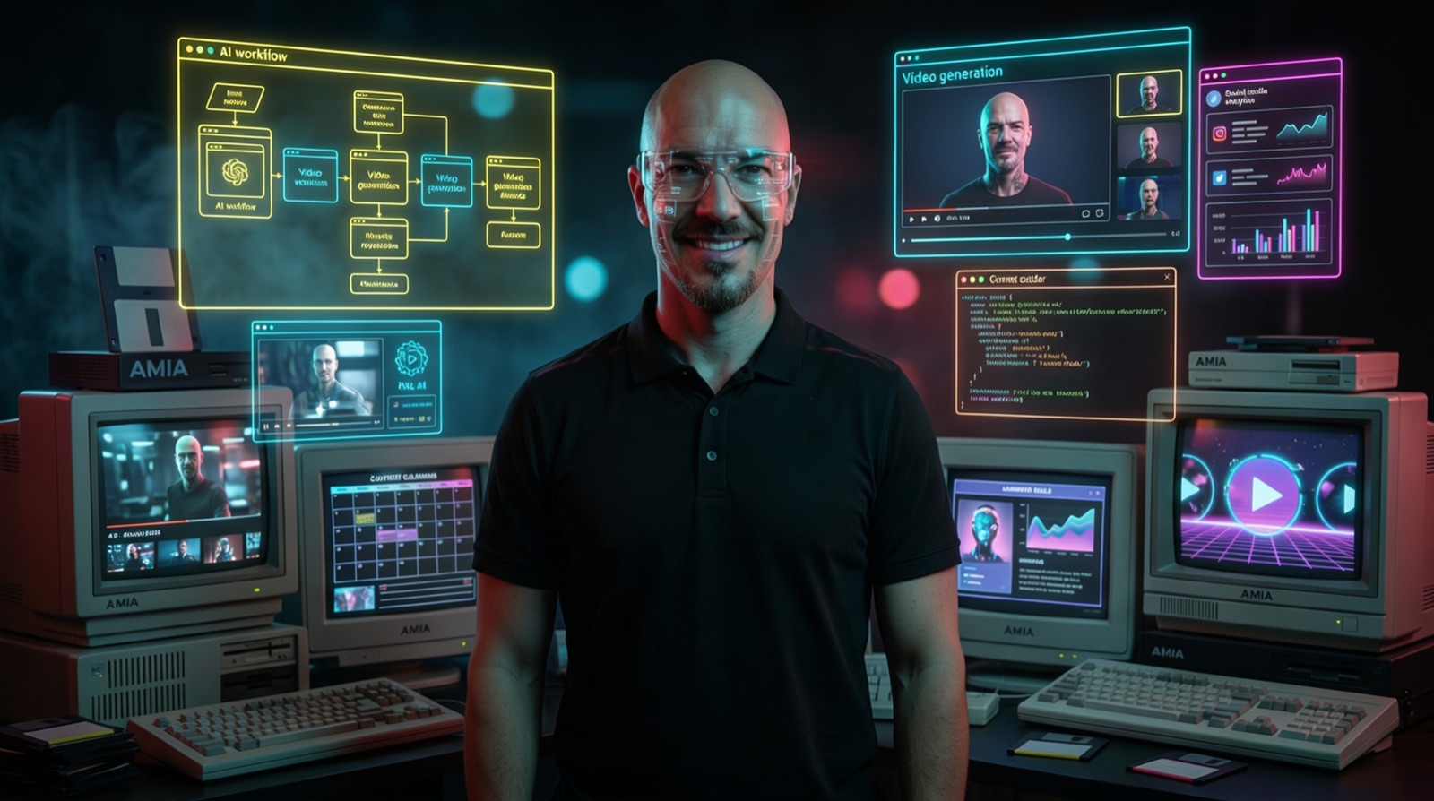 Alex G. as an AI Operator in a cyberpunk command centre — AMIA retro monitors with holographic AI-workflow, video-generation and code panels
