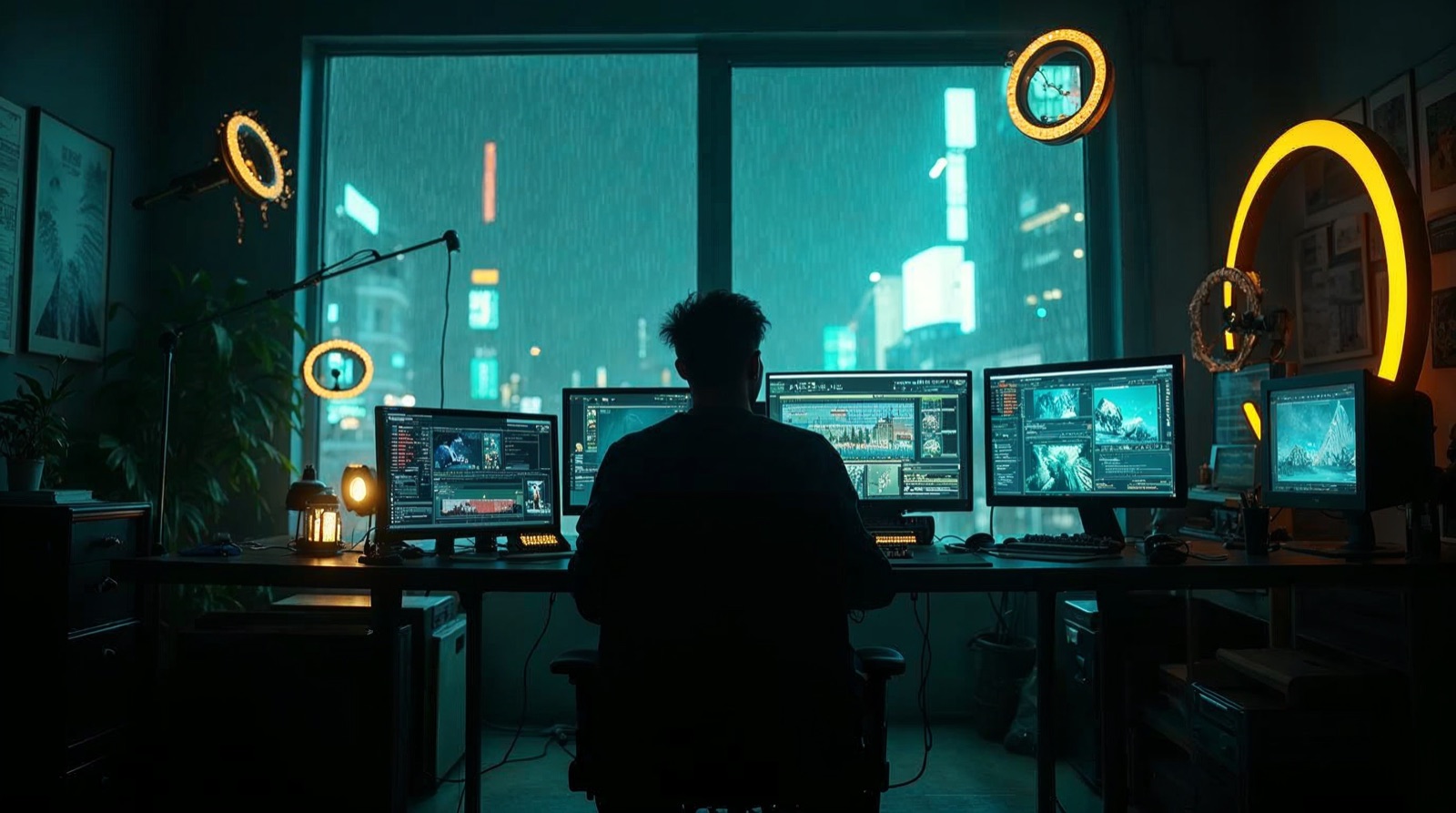 Cyberpunk-Creator-Studio bei Nacht: Operator-Silhouette an einer Multi-Monitor-Konsole mit Ringlichtern und schwebenden Reel-Frames