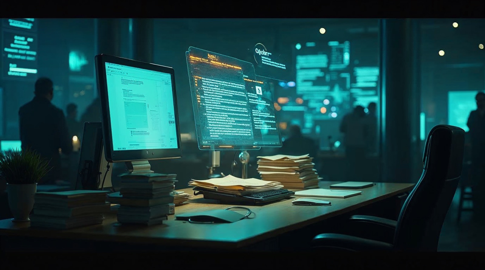 Dunkles Anwalts-Backoffice mit Aktenstapeln, Monitor mit Dokumenten und holografischen KI-Verarbeitungs-Panels — Sinnbild für KI als juristisches Backoffice