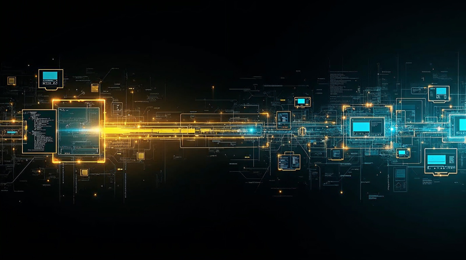 Cyberpunk illustration of a design-to-code pipeline: glowing acid-yellow and cyan UI wireframe panels turn into code on a black grid — Google Stitch + Claude Code