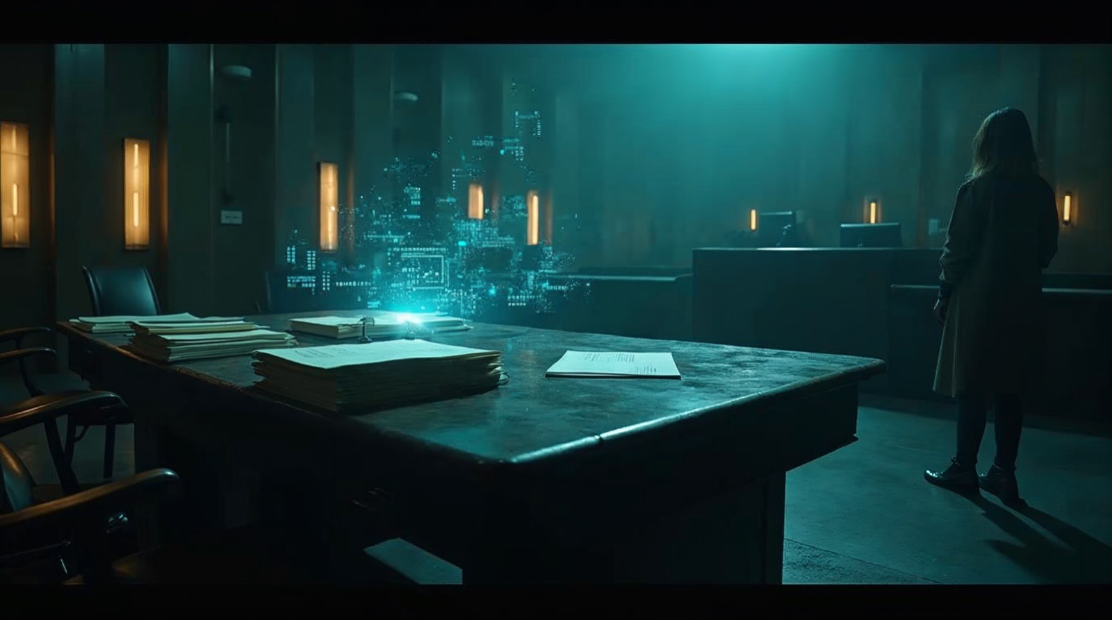 Leerer Anwaltstisch mit Aktenstapeln und einer holografischen Datenwolke in einem dunklen Cyberpunk-Gerichtssaal — Sinnbild für KI-Kanzlei, deren Arbeit unsichtbar bleibt während ein menschlicher Anwalt vor dem Richter steht