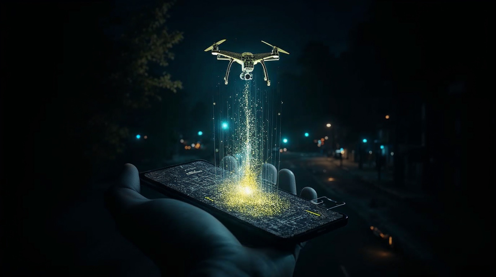 Cyberpunk-Illustration: Pokémon-Go-Scans fließen in eine Militär-Drohnen-KI